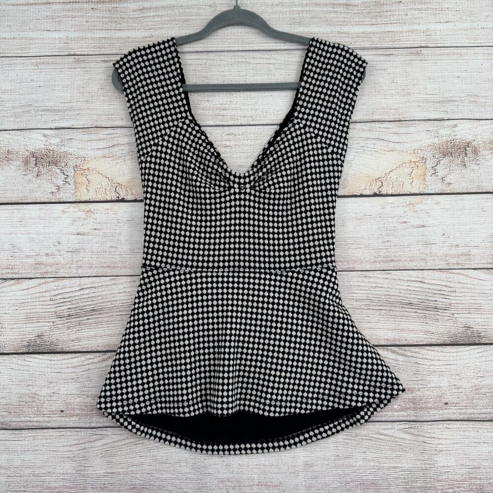 Deletta Anthropologie Criss Cross Open Back‎ Peplum Blouse Women's L Black/White
